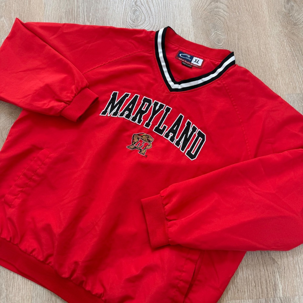VTG Cadre Maryland Terrapins Windbreaker Pullover Mens XL Red V-Neck Jacket NCAA